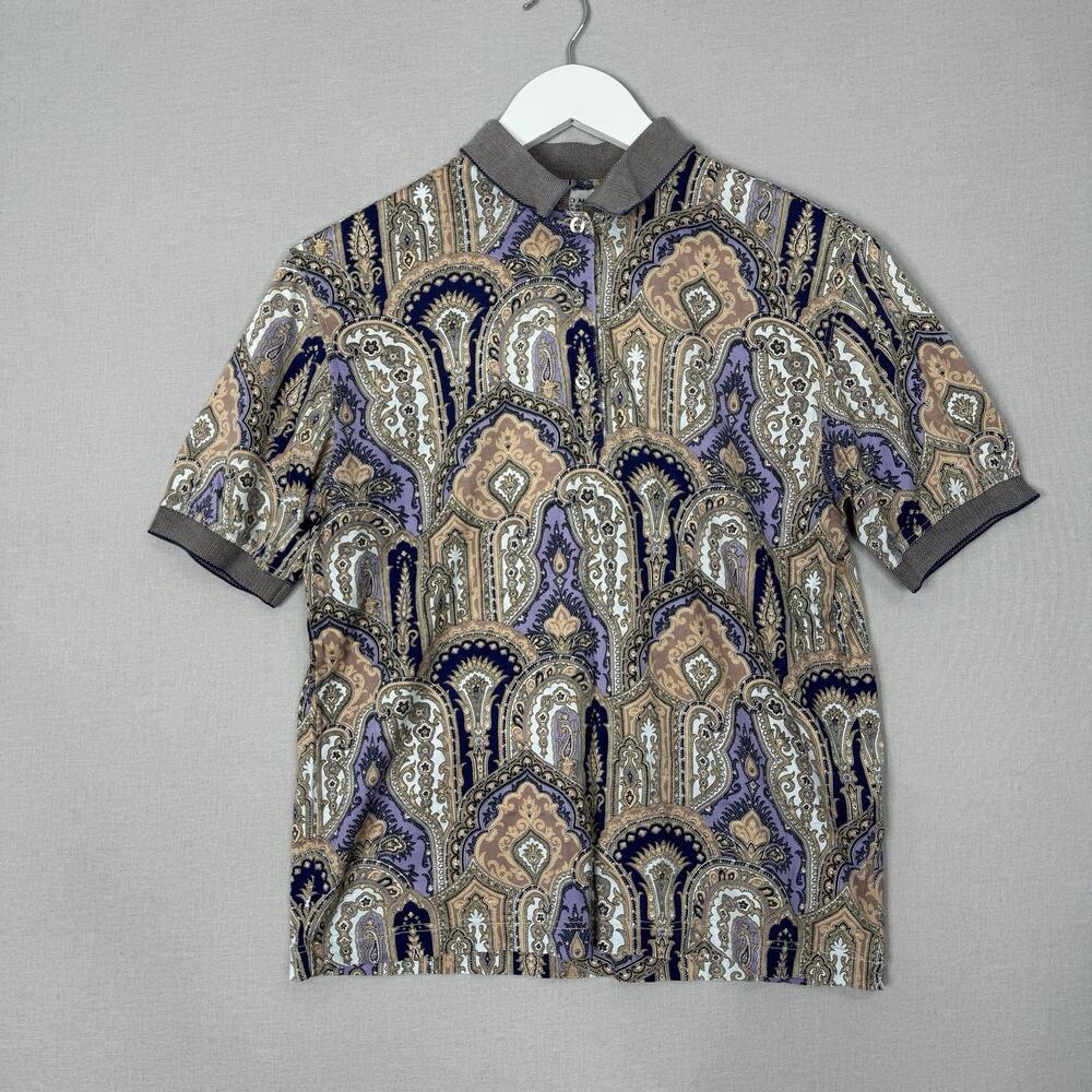 Vintage Como Sport Womens Top Medium‎ Purple Abstract Paisley Polo Made in Italy